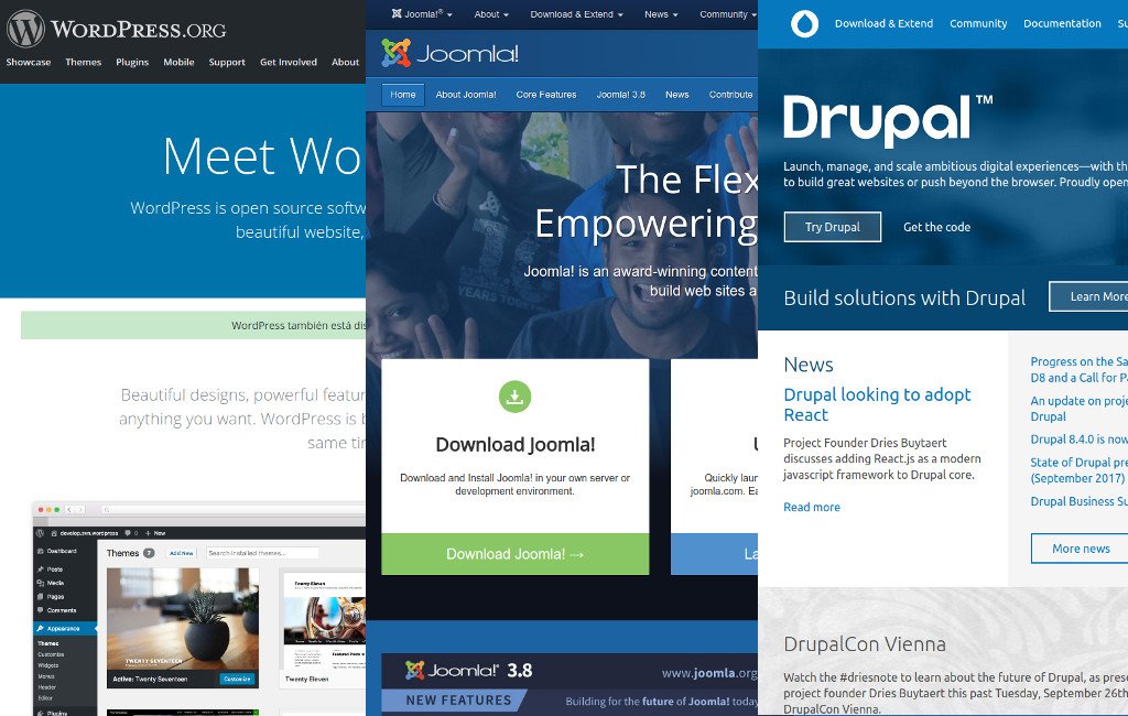 Los tres gestores de contenido más utilizados: WordPress, Joomla y Drupal